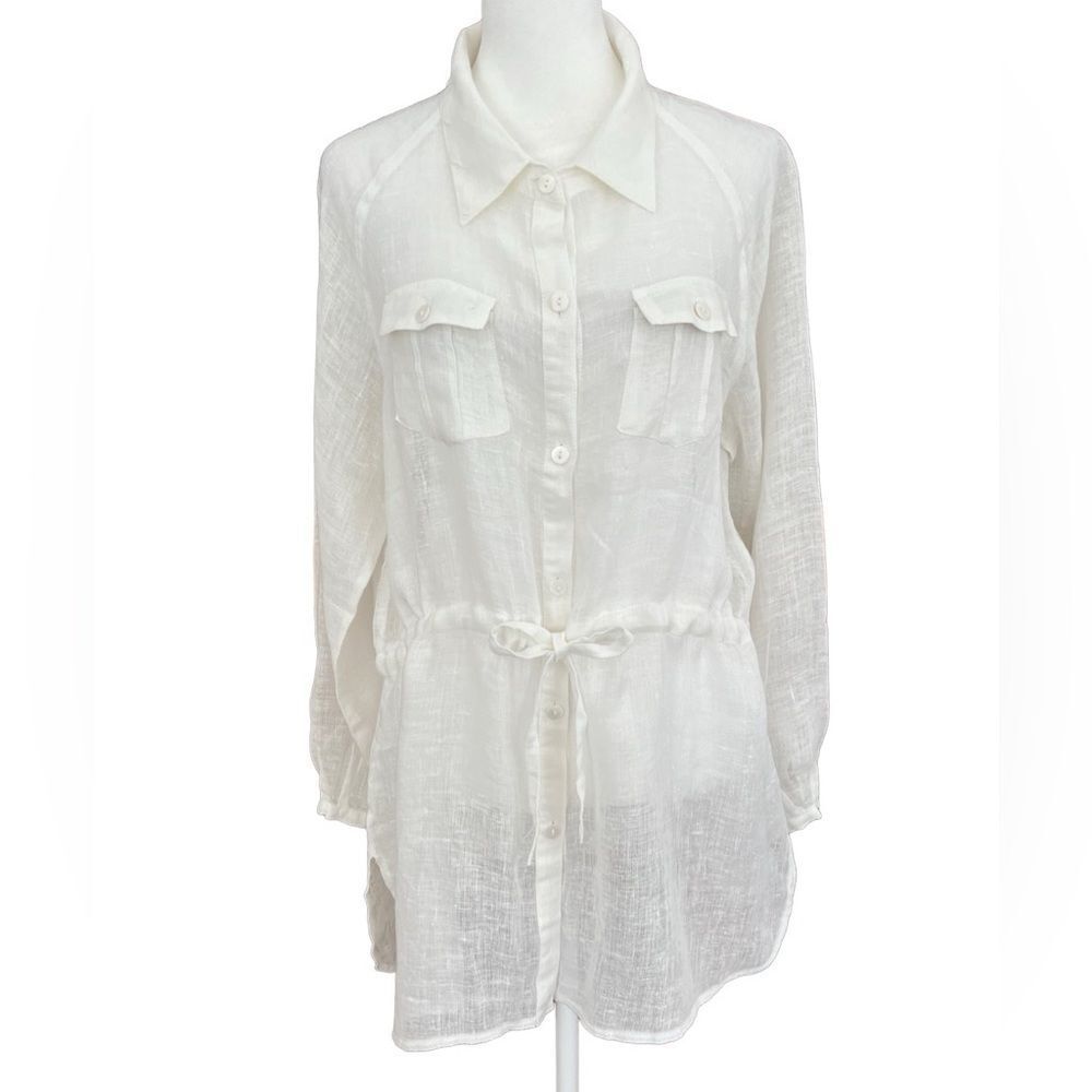 Irene Van Ryb white 100% linen drawstring waist tunic, long sleeves, size 42.